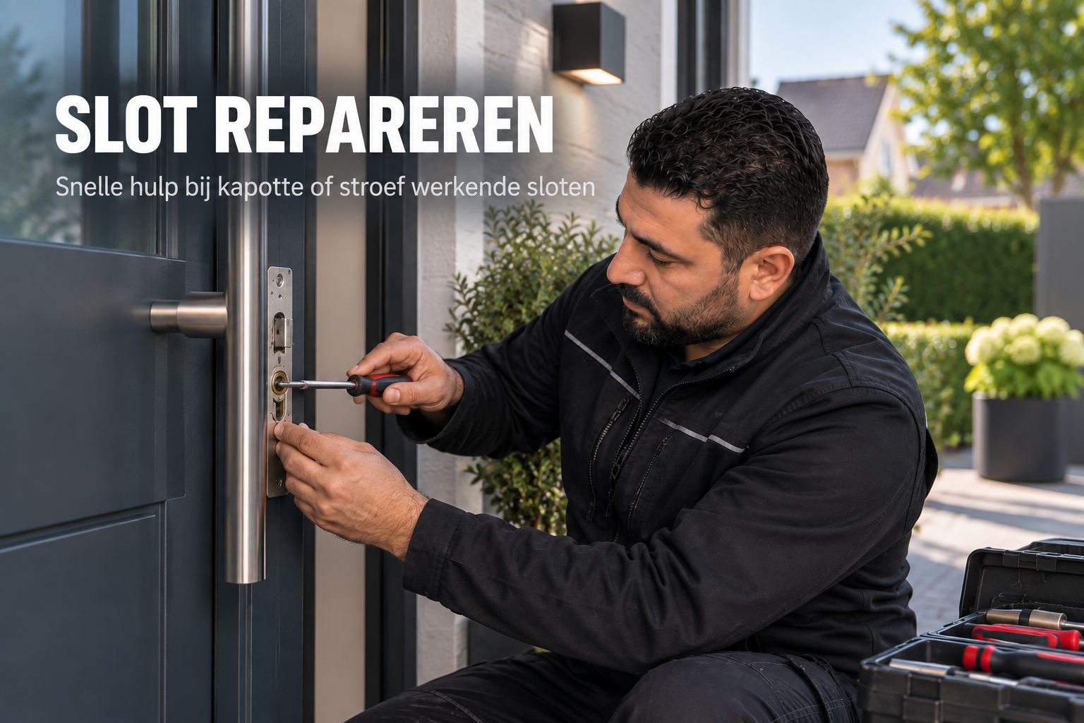 Slotenmaker van Slotenservice Rijnmond repareert een defect slot bij een voordeur