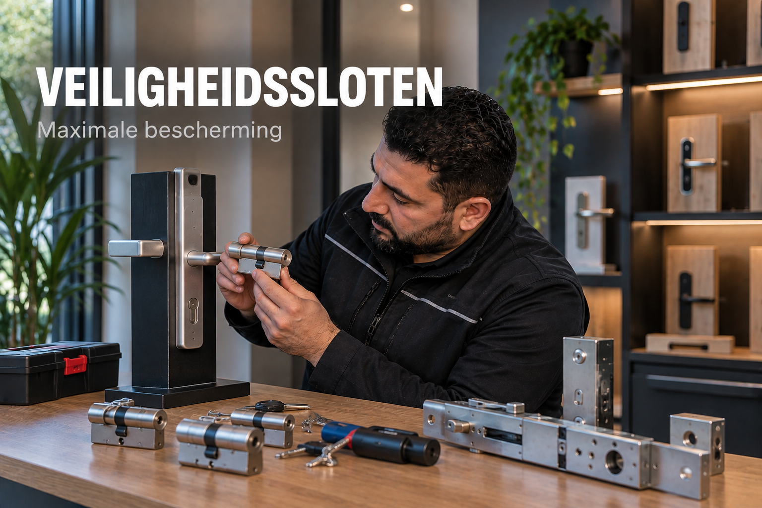 Slotenmaker van Slotenservice Rijnmond controleert een veiligheidsslot in een professionele werkruimte