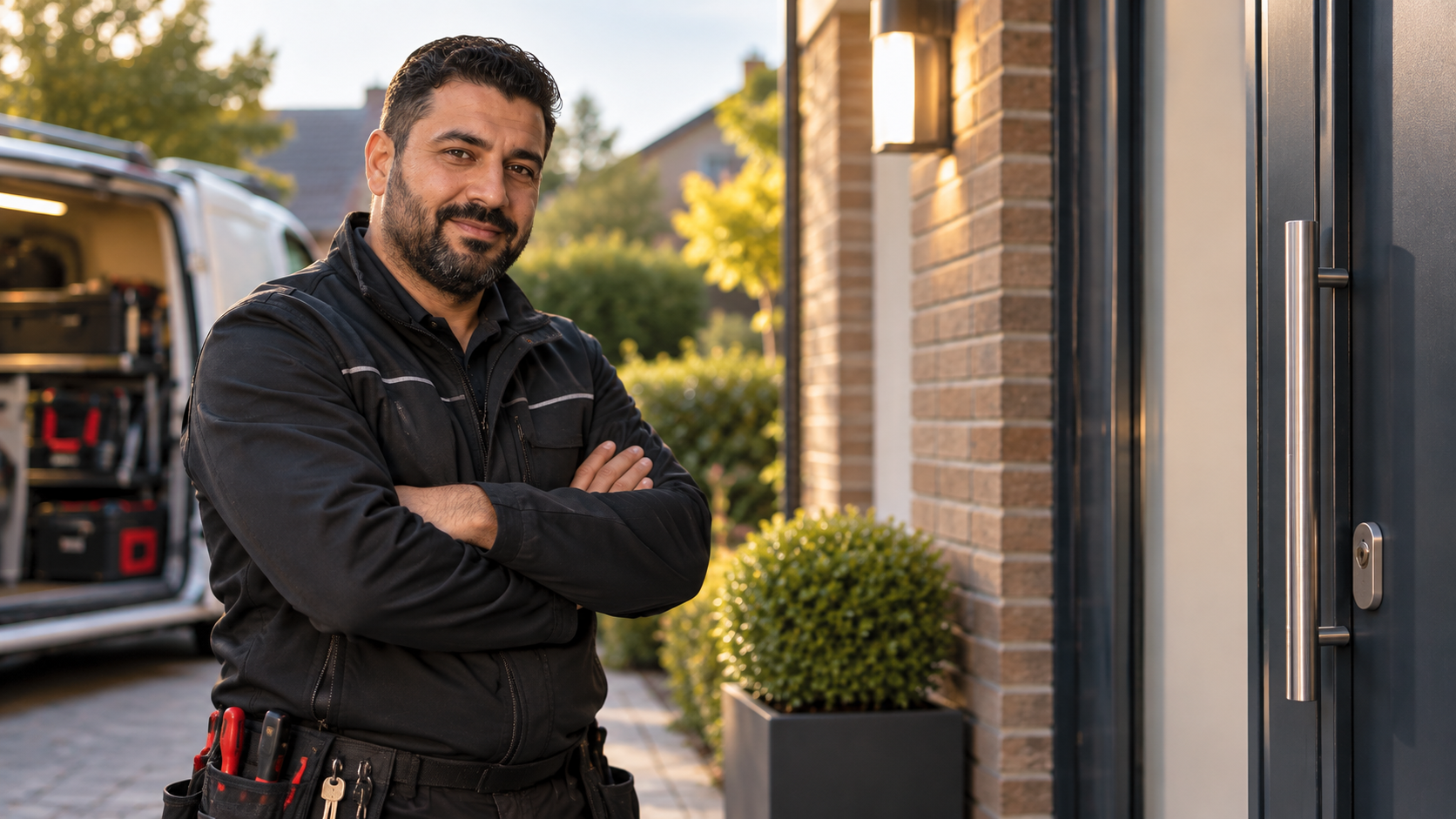 Professionele slotenmaker van Slotenservice Rijnmond bij een moderne woningentree
